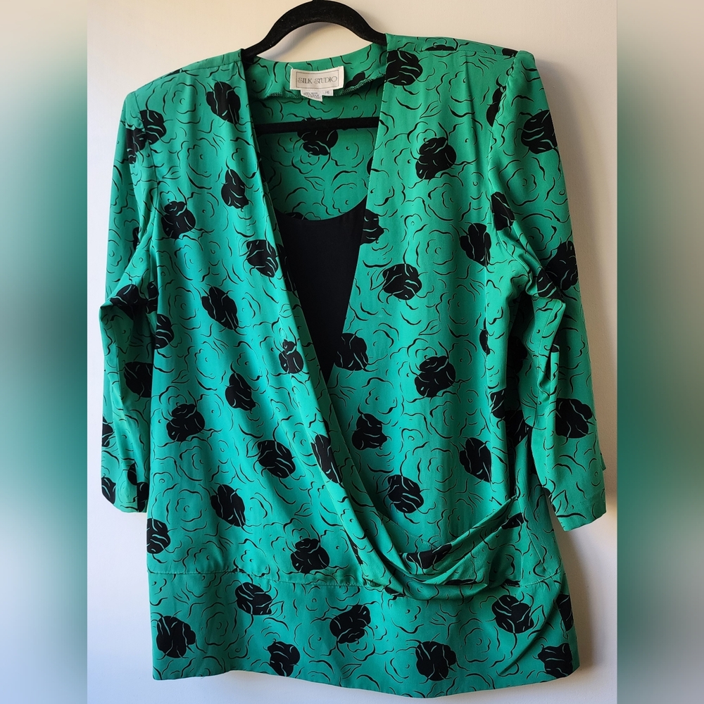Silk Studio 100% Silk Floral Faux Wrap Blouse Green & Black Shoulderpads Vintage